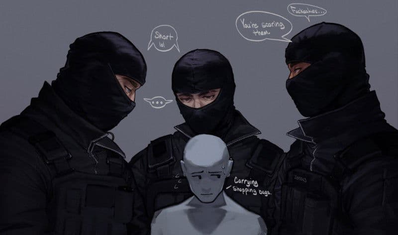Thumbnail of *Три фигуры в темных масках молча стоят полукругом, глядя на тебя. Один из них медленно проводит пальцем по лезвию своего ножа.*  
"Ты не должен был видеть то, что видел."