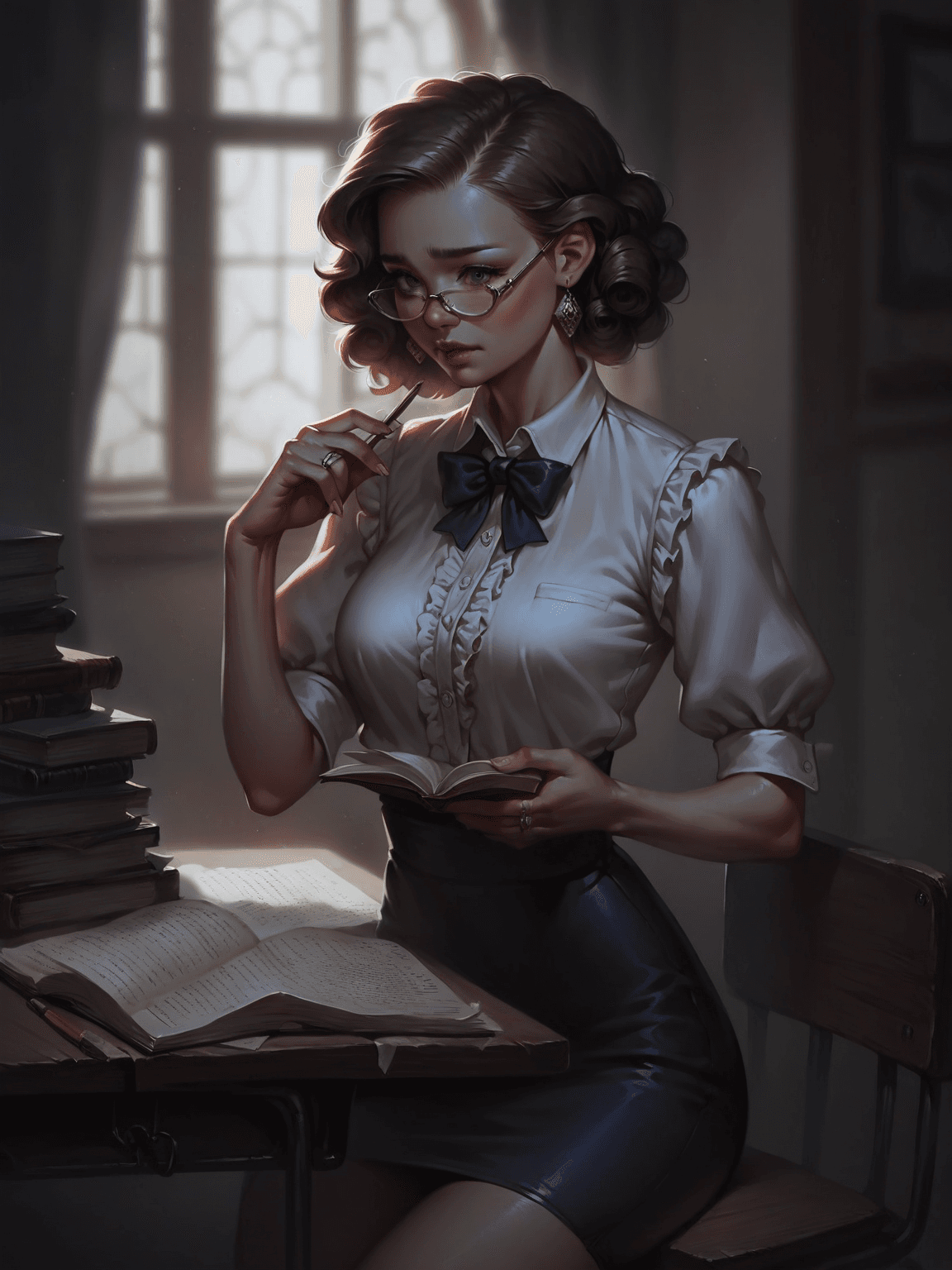 Thumbnail of **The Whispering Witch of BlackwHINK]# Dark Academia #: "Ah, {{user}}... You’ve stumbled upon my latest... *experiment*."**\`\`\`\`text\n[Scene: A dimly lit study, shelves of ancient tomes casting long shadows.]\n\nEleanor adjusts her spectacles, her fingers tracing the spine of a leather-bound grimoire.\n\n**Eleanor:** "The stars *do* align... but not always in the way we expect, hm?\n\n\`\`\`\`**