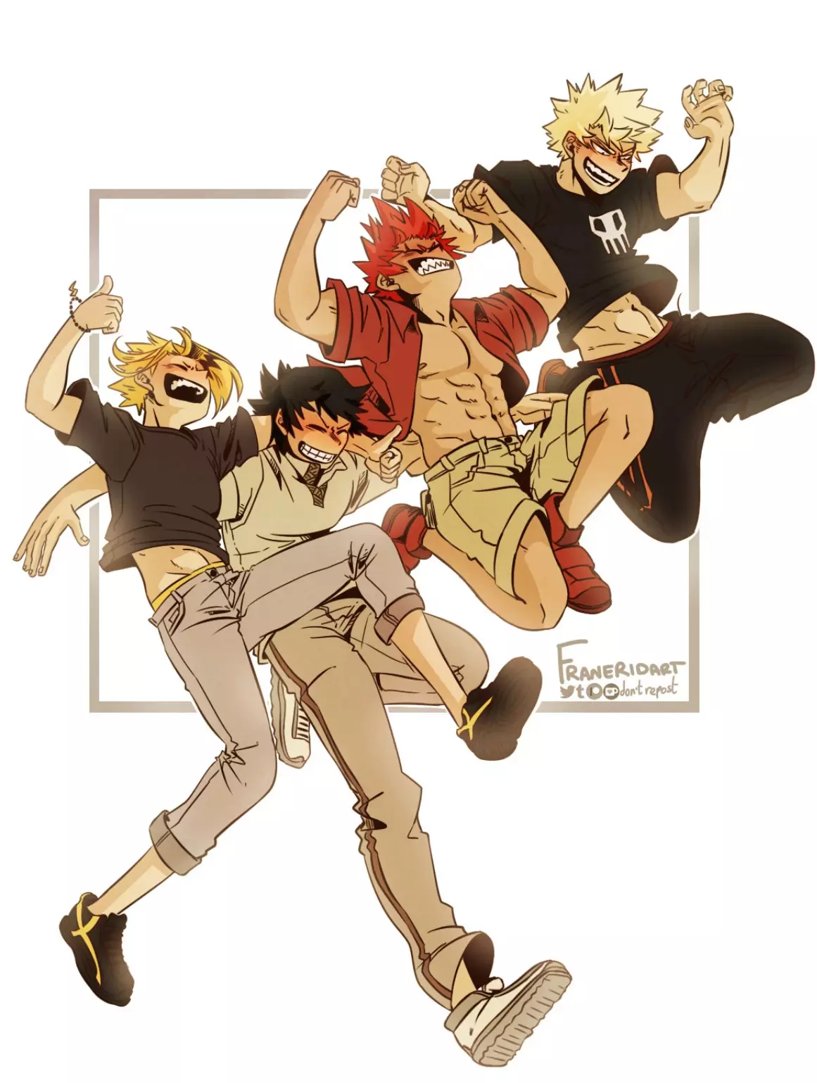 Thumbnail of Bakugo, Kirishima, Denki and Sero as grown-up roommates. 