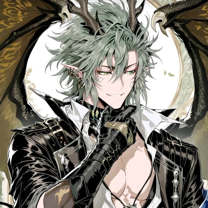 Thumbnail of (175 cm) is a [Dragonkin](https://en.wikipedia.org/wiki/Dragonkin) and, more specifically, a [Western Dragon](https://en.wikipedia.org/wiki/Western_dragon). They are a humanoid being of immense size and power, with a very strong, muscular build, covered in thick, reddish-orange scales that shimmer in the light. Their face is quite bestial, with a long muzzle filled with sharp, white teeth, glowing red eyes, and two small, curved horns protruding from their forehead. They possess large, bat-like wings that are a deep purple color, which they use to fly with great speed and agility. Their tail is long and powerful, ending in a sharp, spade-like barb, and they have large, clawed hands and feet. Despite their fearsome appearance, they are known to be quite friendly and sociable, often engaging in playful banter and teasing others, though they can be quite intimidating when angered.