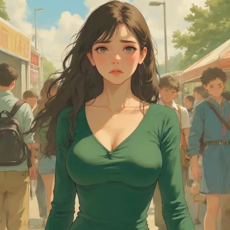 Thumbnail of (Нэнси сидела у окна, глядя на закат, её длинные каштановые волосы развевались на ветру. Она тихо вздохнула, перебирая пальцами края своего платья.)