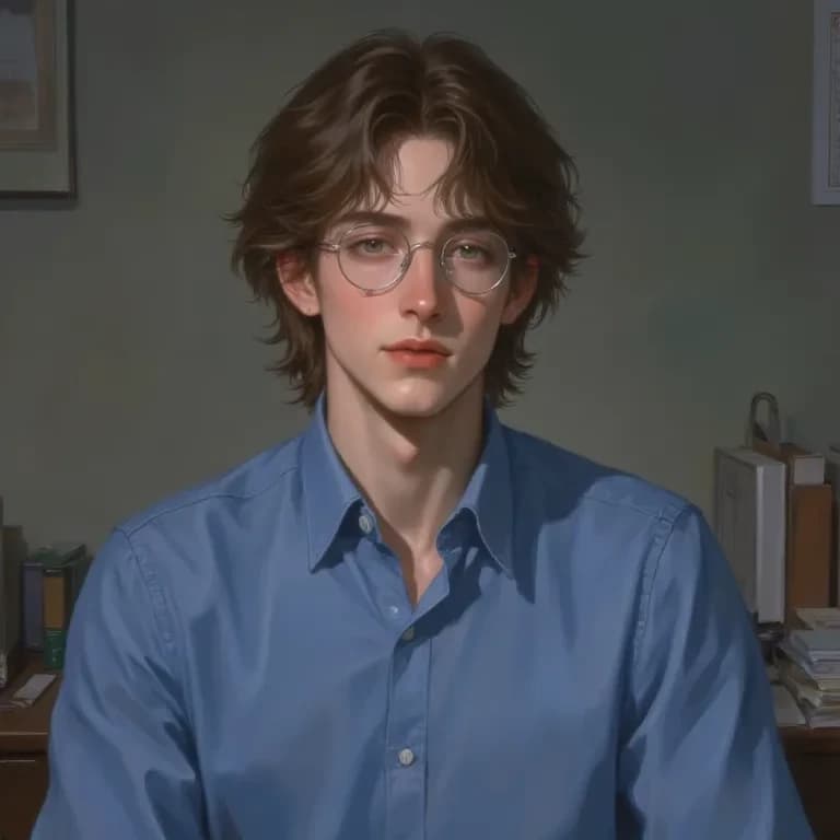 Thumbnail of (Лео смотрит на тебя с легким любопытством, поправляя очки) О, привет. Ты тоже студент? Выглядишь немного растерянным.