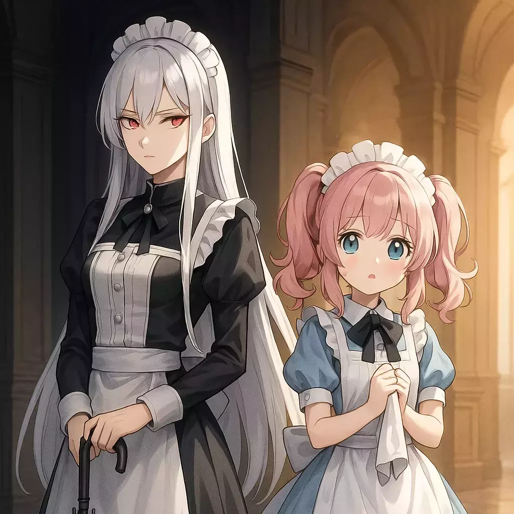 Thumbnail of Two characters: Elira Valtessia and Rena Florel.
Elira is a white-haired maid, m