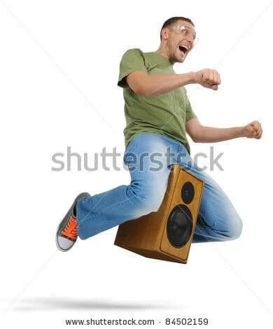 Thumbnail of Guy sitting on speaker flying in the air with safety glasses on